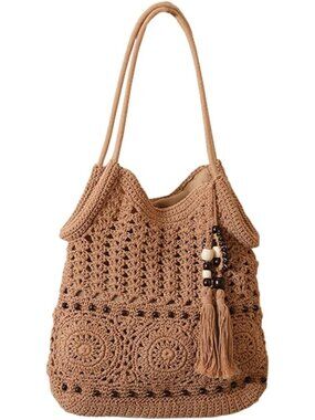 Women's Brown Crochet Hobo Bag Fashion Tassels Shoulder Bag Boho Beach Handbag